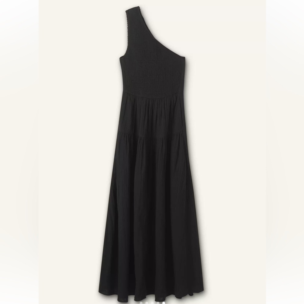 ME+EM Cheesecloth Shirred Smocked One Shoulder Tiered Maxi Dress Cotton Black 6